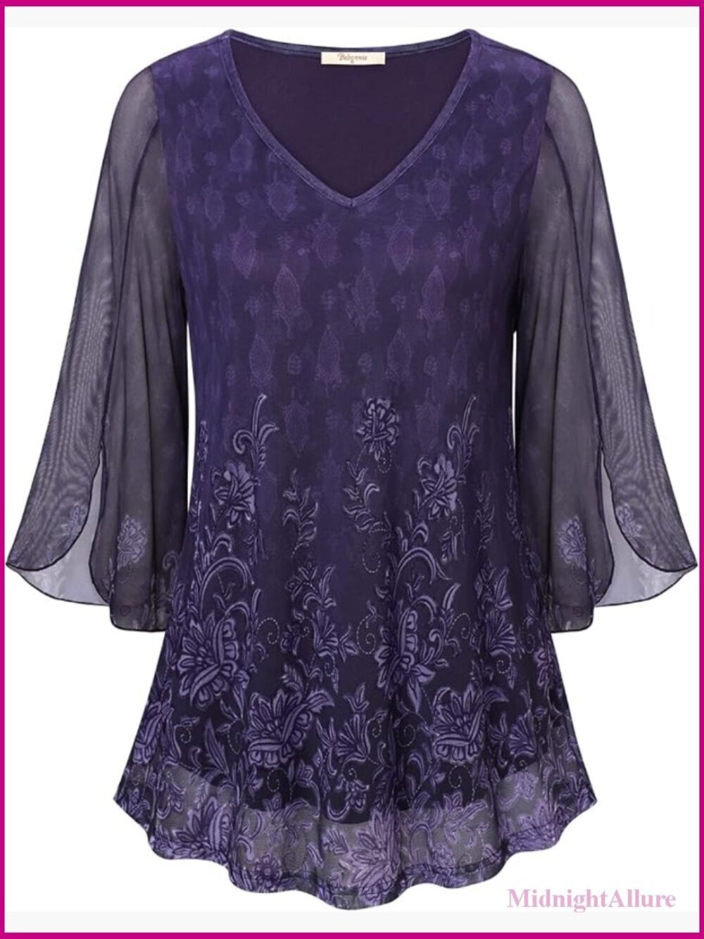 Ruffle 3/4 Sleeve V Neck Double Layer Mesh Blouse Flowy Tunic Top